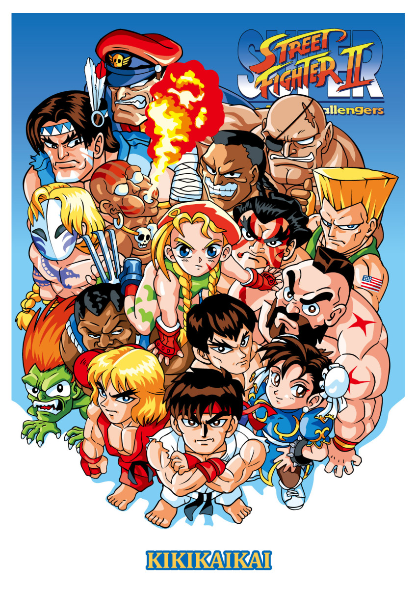 balrog_(street_fighter) beret blanka boots cammy_white capcom chest_tattoo chibi chun-li dee_jay dhalsim dougi e._honda eyepatch facial_tattoo feathers fei_long fire grin guile hat highres impossible_hair karate_gi ken_masters kikikaikai logo m._bison mask ryu_(street_fighter) sagat scar serious simple_background smile street_fighter street_fighter_ii_(series) tattoo thunder_hawk vega_(street_fighter) zangief