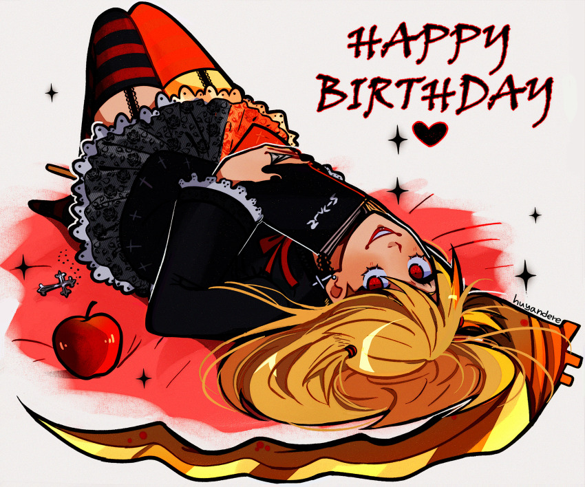 1girl absurdres amane_misa apple asymmetrical_legwear birthday blonde_hair cross death_note death_note_(object) food fruit happy_birthday highres huyandere lace_skirt lace_trim mismatched_legwear scythe solo thighhighs