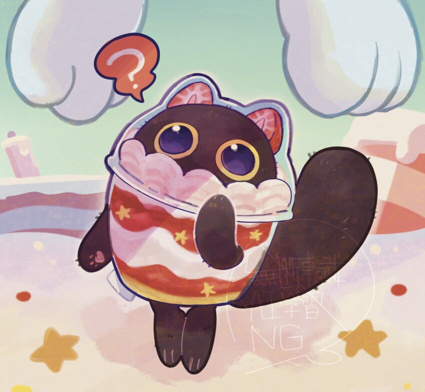 animal_hands black_cat cat cat_paws commentary_request cup cupsie_yummy duel_monster food fruit highres strawberry su_pa_taco white_cat yu-gi-oh!