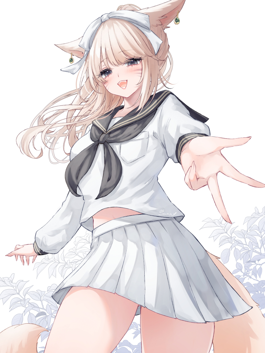 1girl absurdres animal_ears black_eyes black_neckerchief bow brown_hair cat_ears cat_girl cat_tail earrings facial_mark final_fantasy final_fantasy_xiv hair_bow highres jewelry looking_at_viewer midriff_peek miqo&#039;te neckerchief open_mouth pleated_skirt ponytail sana_(sanamaru_0w0) school_uniform serafuku skirt solo tail w warrior_of_light_(ff14) whisker_markings white_serafuku white_skirt