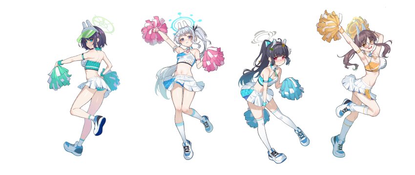 4girls absurdres alternate_costume alternate_hairstyle animal_ears arm_strap arm_up armpits arms_up bare_shoulders black_hair blue_archive blue_bow blue_bowtie blue_collar blue_halo blue_panties blush bow bowtie breasts brown_hair cheerleader cleavage closed_mouth clothes_lift collar crop_top dimples_of_venus drooling eien_no_24-sai_no_shakai_hito fake_animal_ears flying_sweatdrops full_body glasses green_collar green_eyes green_halo green_hat green_panties grey_halo hair_bow halo hand_up hands_up hat highres holding holding_pom_poms kneehighs knees_together_feet_apart large_breasts leaf leaf_in_hair leaf_on_head long_hair looking_at_viewer medium_breasts medium_hair midriff miyako_(blue_archive) miyu_(blue_archive) moe_(blue_archive) multiple_girls navel nose_blush open_mouth orange_eyes orange_halo orange_panties panties panty_peek pleated_skirt pom_pom_(cheerleading) pom_poms ponytail purple_eyes rabbit_ears rabbit_platoon_(blue_archive) round_eyewear saki_(blue_archive) side_ponytail simple_background skirt skirt_lift small_breasts smile socks standing standing_on_one_leg tearing_up teeth thighhighs twintails underwear visor_cap white_background white_hair white_skirt white_sneakers white_socks white_thighhighs wrist_cuffs