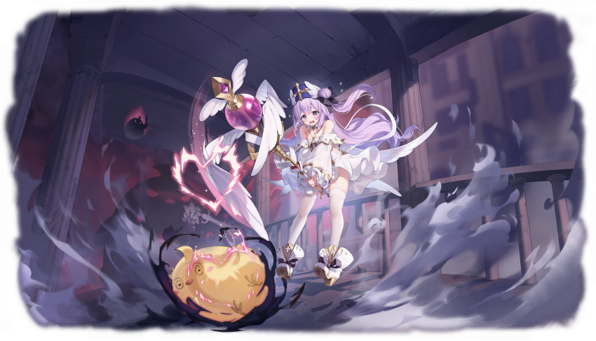 1girl @_@ absurdres ahoge azur_lane baby_animal bare_shoulders bird black_bow black_ribbon blue_hat blush boots bow breasts chick cleavage column criss-cross_halter cross detached_collar detached_sleeves dress embarrassed feathered_wings floating_hair frilled_dress frilled_sleeves frills full_body gem gold_trim hair_between_eyes hair_bow hair_bun hair_ornament hair_ribbon halterneck hat high_heel_boots high_heels highres holding holding_staff indoors kaede_(yumesaki_kaede) leaning_forward long_hair long_sleeves looking_at_viewer low_wings manjuu_(azur_lane) medium_breasts non-web_source off-shoulder_dress off_shoulder official_alternate_costume official_art one_side_up open_mouth pillar priest puffy_sleeves purple_eyes purple_hair railing revision ribbon short_dress single_hair_bun single_side_bun skindentation sleeves_past_wrists solo_focus staff standing tearing_up tears thighhighs thighs transparent_background unicorn_(azur_lane) unicorn_(snow_white_guardian_angel)_(azur_lane) very_long_hair white_dress white_thighhighs wide_sleeves wind wings zettai_ryouiki