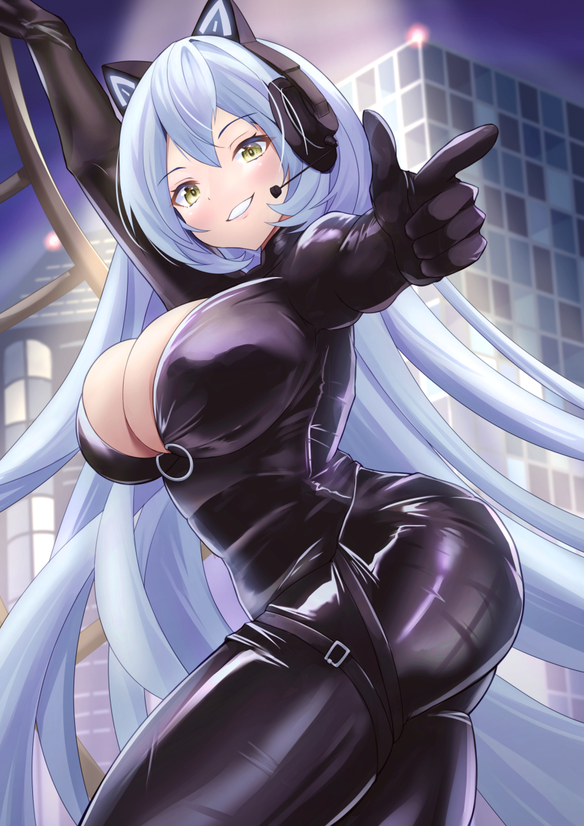 1girl absurdres animal_ear_headphones animal_ears arkhangelsk_(azur_lane) arkhangelsk_(grandiose_getaway)_(azur_lane) ass azur_lane biker_clothes bikesuit black_bodysuit bodysuit bouhuuu breasts cat_ear_headphones catsuit cleavage fake_animal_ears finger_gun headphones highres ladder large_breasts latex latex_bodysuit looking_at_viewer night official_alternate_costume outdoors shiny_clothes smile solo thighs yellow_eyes