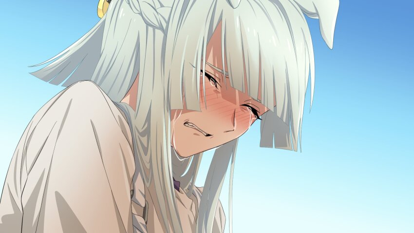 1girl animal_ears blue_hair blush braid clenched_teeth closed_eyes crying ears_down fujimasa_march_(umamusume) gradient_background half_up_braid highres horse_ears long_hair shirt solo streaming_tears tears teeth umamusume umamusume:_cinderella_gray upper_body white_shirt yangmal_(uma_red_sheep)