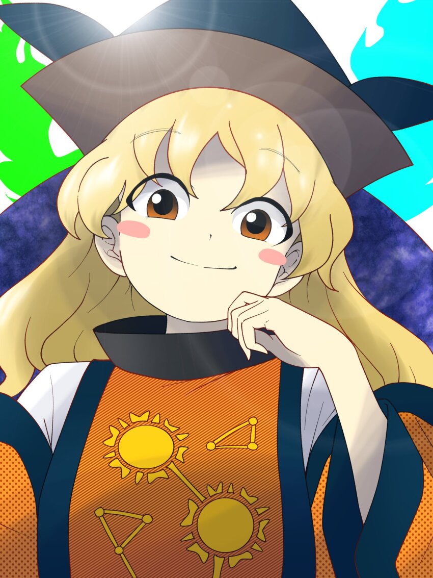 1girl blonde_hair constellation constellation_print edwardmidori hat hidden_star_in_four_seasons highres long_hair looking_at_viewer matara_okina orange_sleeves solo sun_symbol tabard touhou