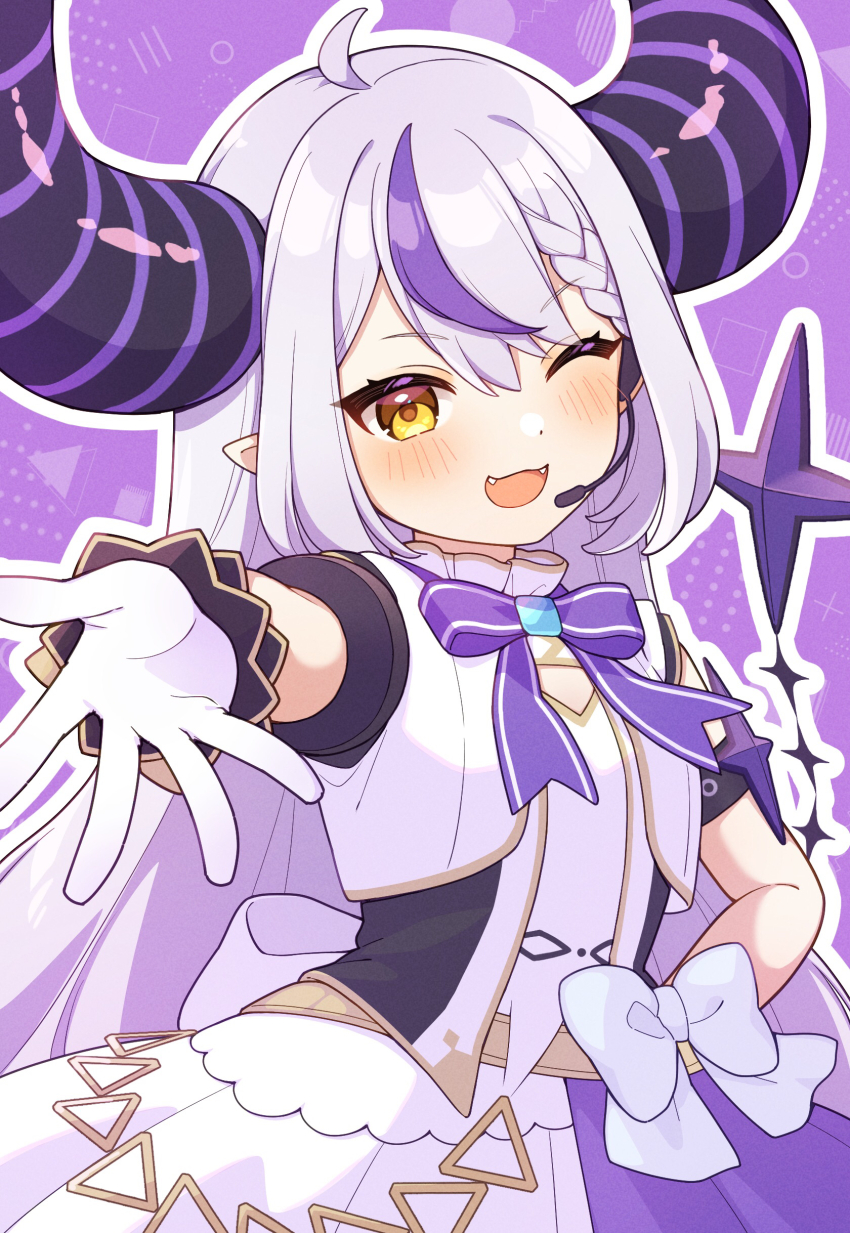 1girl absurdres ahoge alternate_costume bare_shoulders black_horns braid braided_bangs commentary detached_sleeves fangs gloves grey_hair hand_on_own_hip hayamaro65 headset highres hololive hololive_idol_uniform_(origin) horns la+_darknesss long_hair multicolored_hair official_alternate_costume one_eye_closed pointy_ears purple_hair reaching reaching_towards_viewer solo streaked_hair striped_horns virtual_youtuber white_gloves yellow_eyes