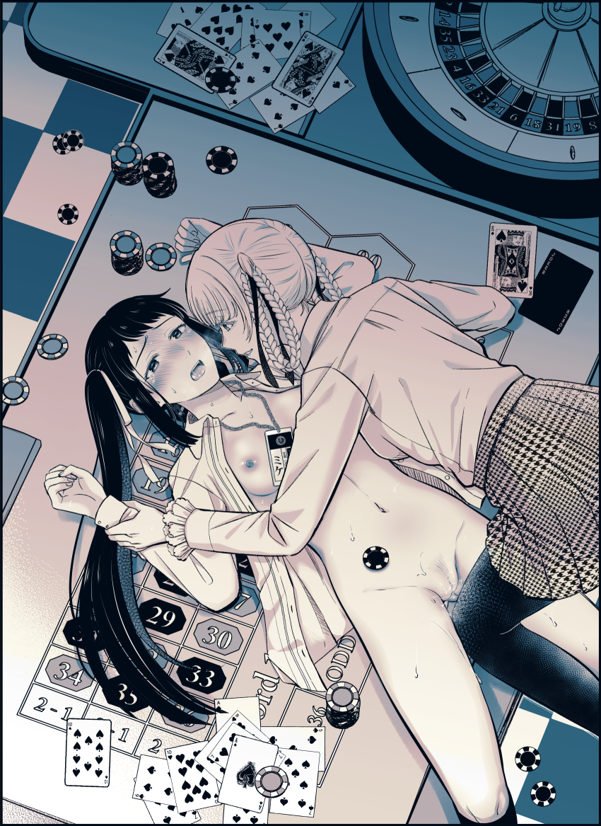 2girls blush braid braided_hair_rings breasts card commentary_request dress_shirt eye_contact female_pubic_hair girl_on_top hair_rings highres holding_another&#039;s_wrist igarashi_sayaka indoors kakegurui kanbayashi_makoto linea_alba long_hair long_sleeves looking_at_another lying medium_breasts momobami_kirari monochrome multiple_girls naked_shirt navel nipples on_back on_table open_mouth pantyhose playing_card poker_chip pubic_hair pussy pussy_juice roulette_table shirt side_ponytail sidelocks skirt sparse_pubic_hair table unbuttoned unbuttoned_shirt yuri