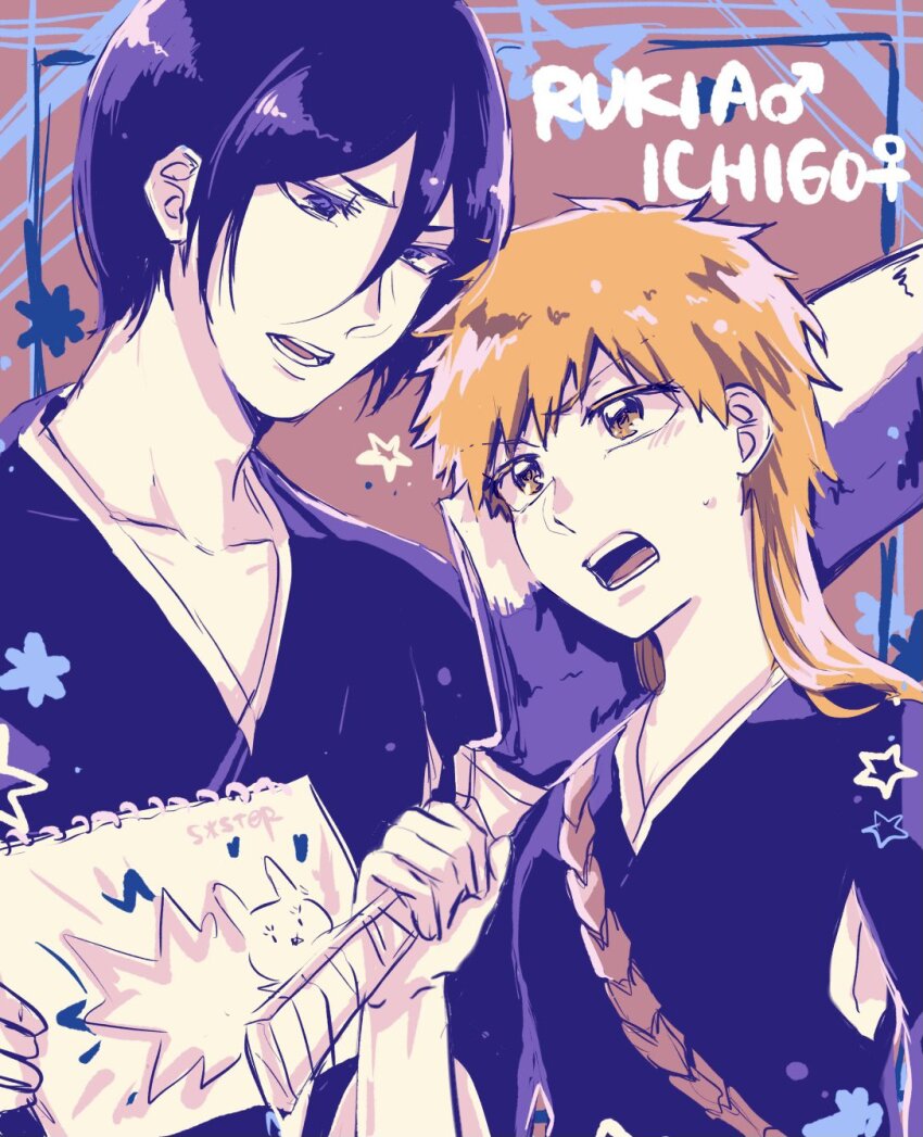 1046sstep_btoh 1boy 1girl black_eyes black_hair bleach chappy commentary_request genderswap genderswap_(ftm) genderswap_(mtf) height_difference highres holding holding_sketchbook holding_sword holding_weapon kuchiki_rukia kurosaki_ichigo long_hair orange_eyes orange_hair shihakusho sketchbook sword weapon