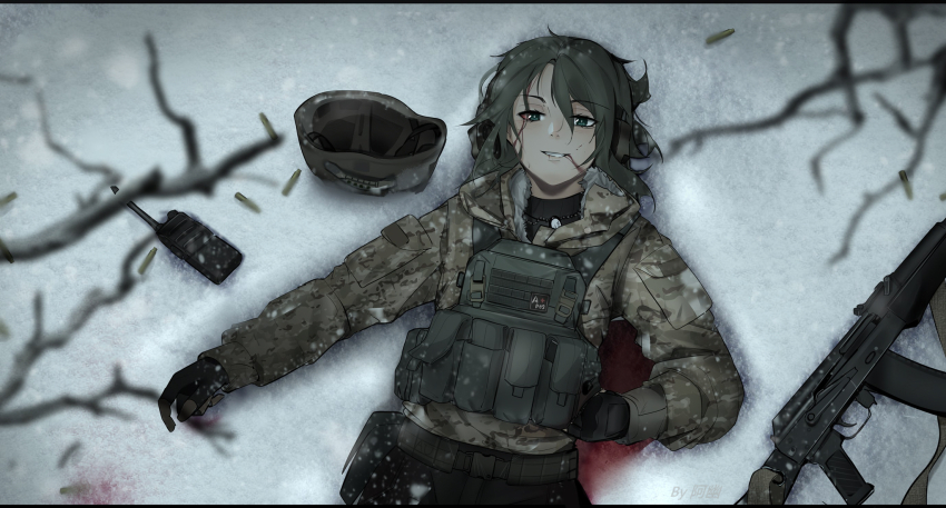 1girl ak-74m ammunition_pouch assault_rifle belt belt_pouch black_gloves black_sweater bleeding blood blood_from_mouth blood_on_face blood_on_ground blurry blurry_foreground branch brown_eyes brown_hair brown_helmet brown_pants buckle bulletproof_vest camouflage camouflage_jacket combat_helmet dog_tags dying from_above fur-trimmed_jacket fur_trim gloves grin gun gun_sling headset helmet highres injury iubworks jacket kalashnikov_rifle load_bearing_vest lying magazine_(weapon) medium_hair messy_hair military military_uniform mixed-language_commentary multilingual_commentary nostrils on_back original pants patch pouch rifle rifle_cartridge smile snap-fit_buckle snow solo sweater tactical_clothes unworn_headwear unworn_helmet upper_body walkie-talkie weapon winter