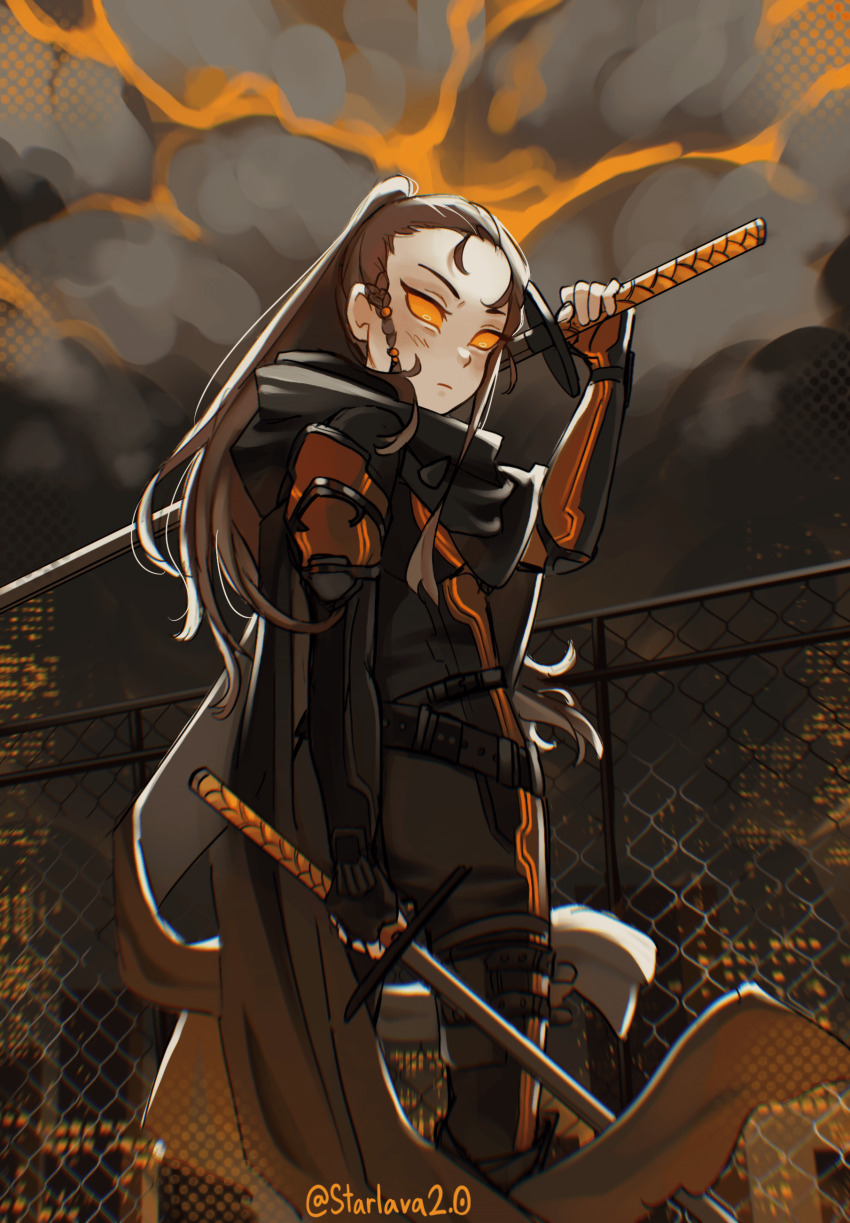 1girl absurdres artist_name black_bodysuit black_cape black_scarf bodysuit borrowed_character braided_sidelock brown_hair cape chain-link_fence city cloud cloudy_sky colored_sclera dual_wielding fence flat_chest hair_behind_ear highres holding holding_sword holding_weapon looking_down night orange_sclera original over_shoulder ponytail scarf sky solo starlava sword weapon weapon_over_shoulder white_eyes