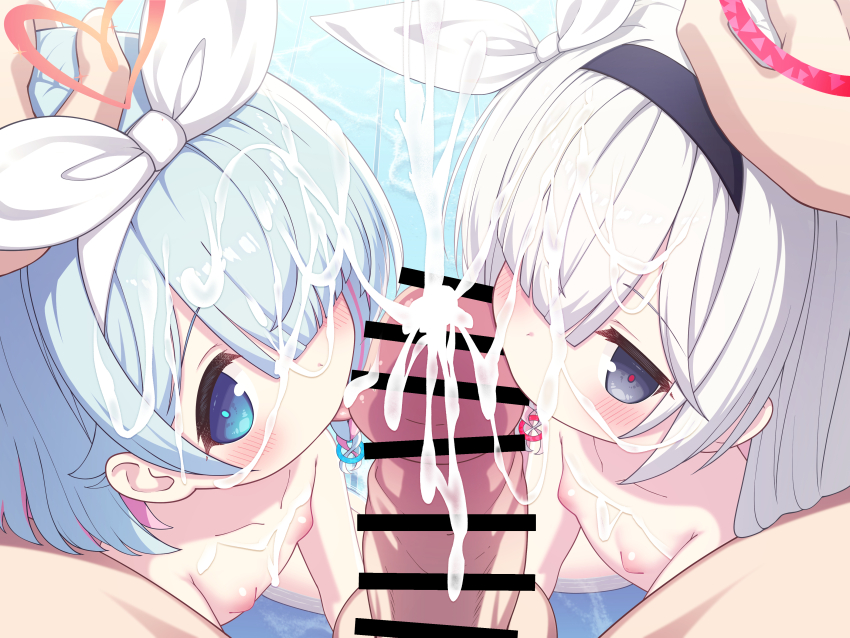 1boy 2girls absurdres arona_(blue_archive) bar_censor blue_archive blue_eyes blue_hair censored commentary_request cooperative_fellatio cum cum_in_mouth cum_on_hair fellatio ffm_threesome group_sex hair_over_one_eye hairband hetero highres loli looking_at_viewer multiple_girls nipples nude oral penis plana_(blue_archive) pov sasakura_momiji teamwork_(sexual) threesome tongue tongue_out variant_set white_hair