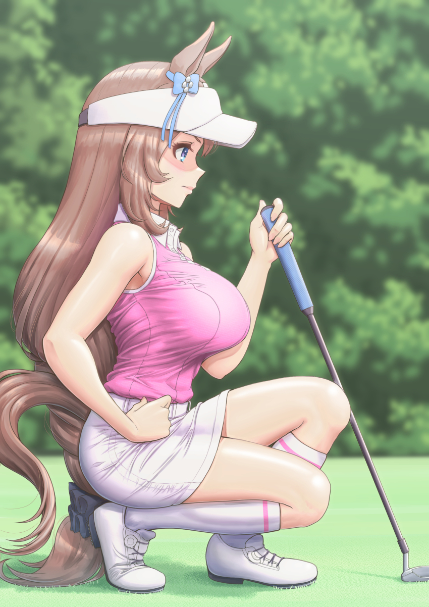 1girl absurdres animal_ears bare_shoulders blue_bow blue_eyes blurry blurry_background bow braid braided_ponytail breasts collared_shirt commentary_request day ear_bow from_side golf golf_club grass hat highres horse_ears horse_girl horse_tail kneeling large_breasts long_hair outdoors pink_shirt shibakarisena shirt shoes skirt solo super_creek_(umamusume) tail umamusume very_long_hair visor_cap white_hat white_shirt white_shoes white_skirt
