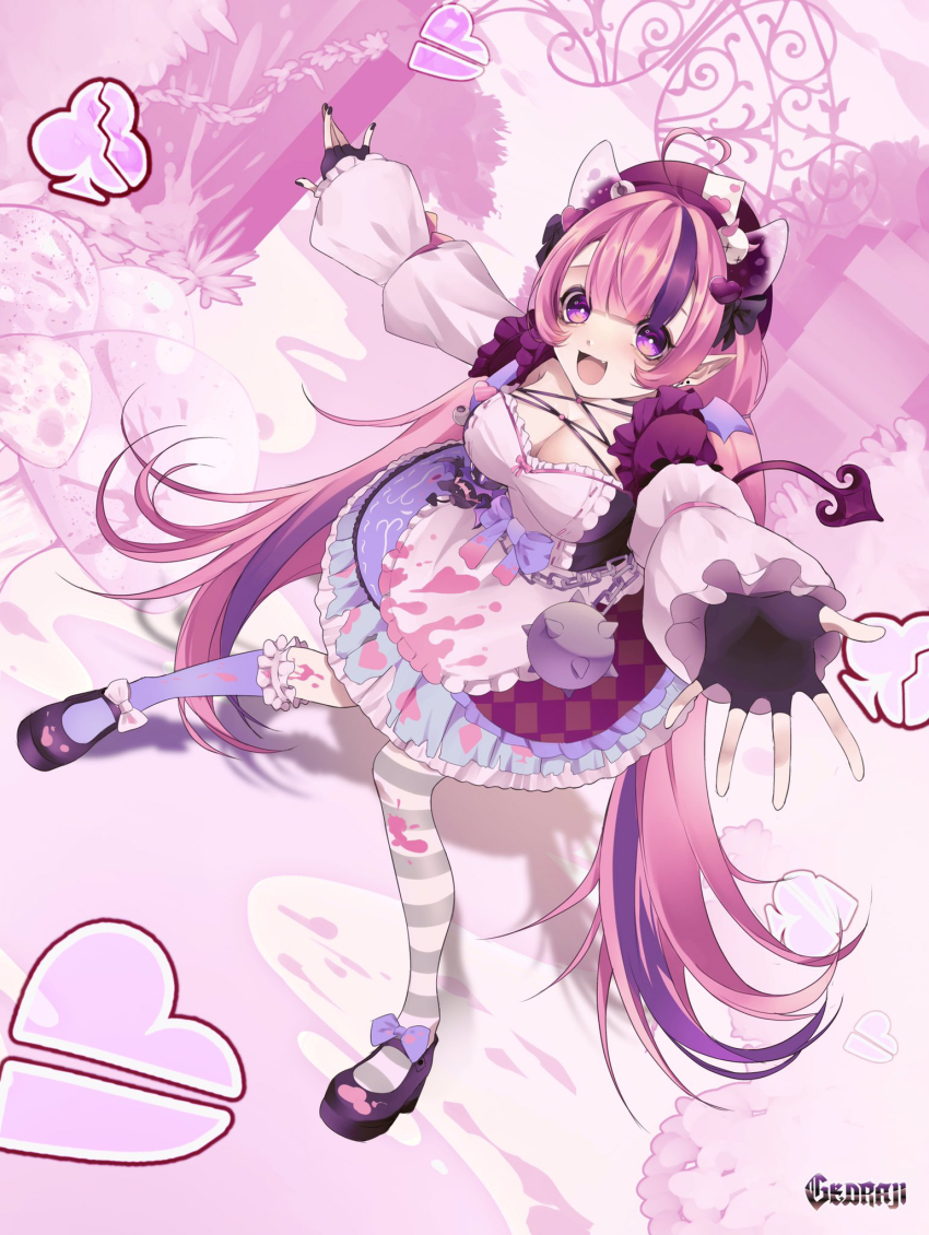 1girl ahoge apron artist_name asymmetrical_legwear black_gloves black_shoes bow breasts bright_pupils broken_heart bubi_(ironmouse) chain cleavage club_(shape) demon_girl demon_horns demon_tail earrings fingerless_gloves footwear_bow gedraji gloves hat heart heart_ahoge highres horns ironmouse ironmouse_(wonderland_reject) jewelry multicolored_hair open_mouth pink_hair pointy_ears purple_hair purple_hat shoes solo streaked_hair striped_clothes striped_thighhighs tail thighhighs virtual_youtuber vshojo white_apron white_pupils