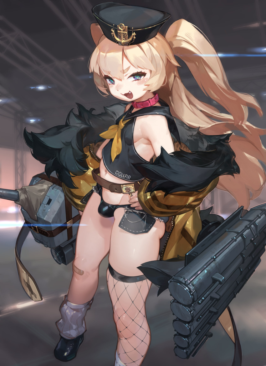 1boy :3 anchor_hat_ornament armpit_crease ass azur_lane bache_(azur_lane) bandaid bandaid_on_knee bandaid_on_leg bare_shoulders belt belt_collar black_headwear black_sailor_collar black_shirt black_shorts blonde_hair blue_eyes blush bulge collar commentary_request crop_top dollar_sign duplicate fang fishnet_thighhighs fishnets foot_out_of_frame genderswap genderswap_(ftm) hand_on_own_hip hat_ornament highres jacket long_hair looking_at_viewer loose_socks male_focus micro_shorts navel neckerchief off_shoulder open_fly open_mouth pocket red_belt sailor_collar ship_turret shirt short_shorts shorts single_thighhigh sleeveless sleeveless_shirt smile so-taro socks solo thighhighs trap two_side_up white_thighhighs yellow_jacket yellow_neckerchief