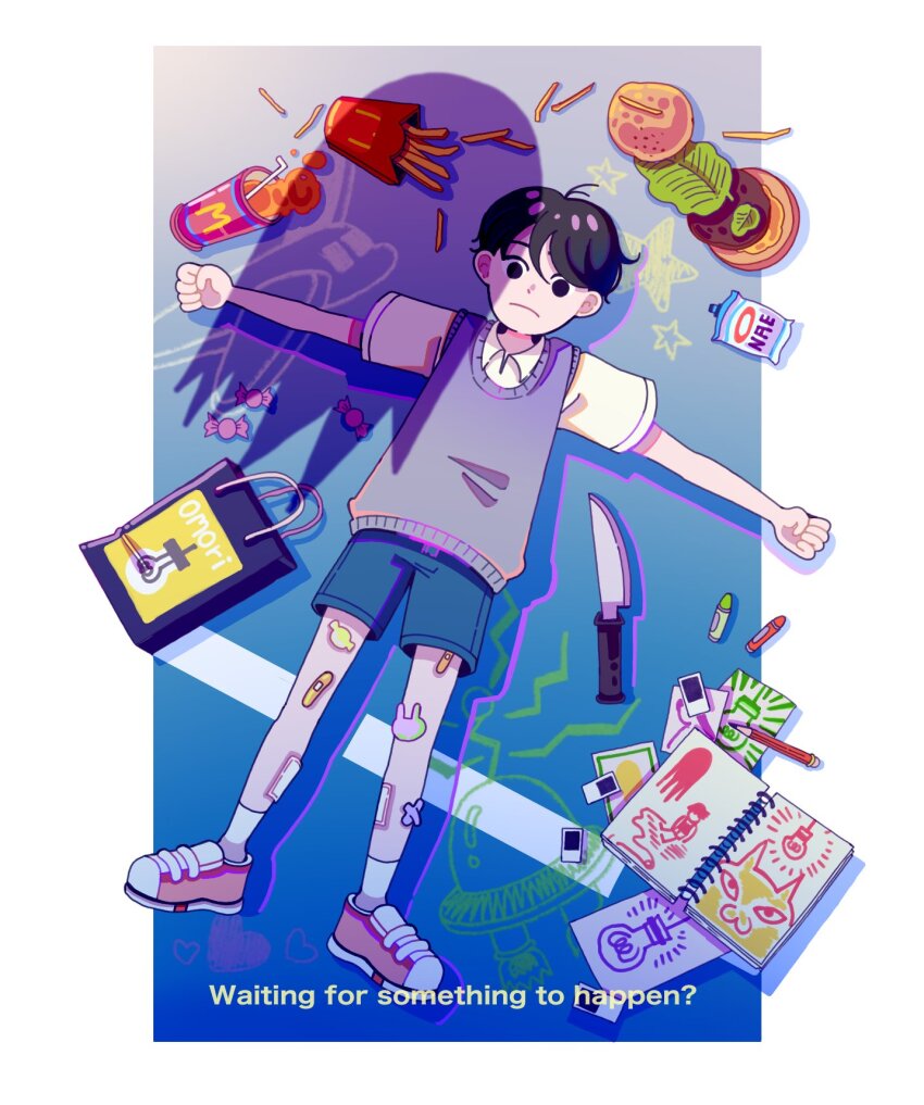 1boy alternate_costume big_yellow_cat_(omori) black_eyes black_hair closed_mouth collared_shirt crayon food french_fries frown grey_sweater_vest hicc_12 highres knife male_focus omori photo_(object) red_shoes shirt shoes short_hair sketchbook sneakers socks solo something_(omori) sunny_(omori) sweater_vest white_shirt white_socks