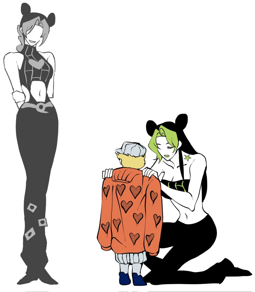 1boy 2girls baseball_cap birthmark black_hair blonde_hair clamchowder55 double_bun emporio_alnino full_body ghost green_hair grey_hair hair_bun hat heart_ornament highres irene_(jojo) joestar_birthmark jojo_no_kimyou_na_bouken kuujou_jolyne long_hair male_focus multicolored_hair multiple_girls navel orange_sweater parted_bangs spot_color stone_ocean sweater two-tone_hair white_background