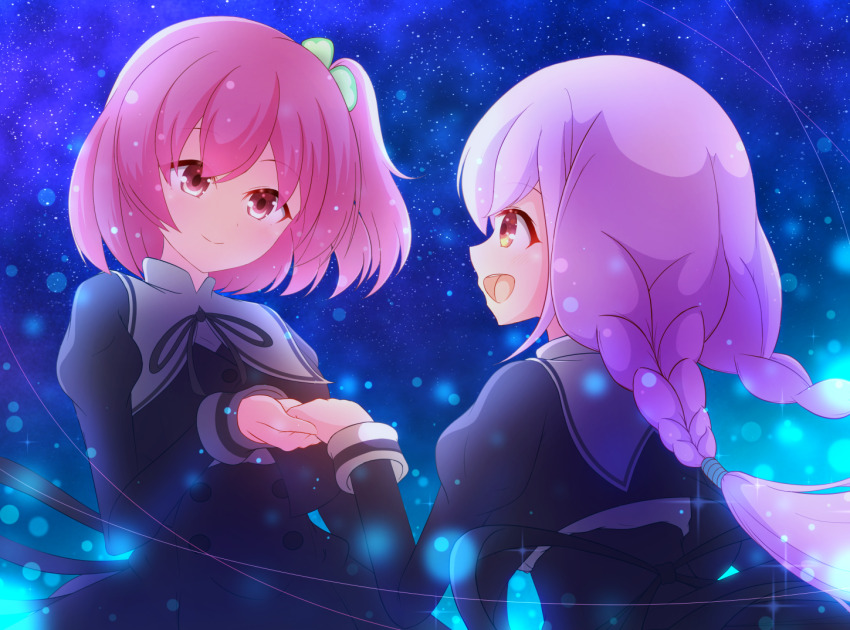 2girls :d assault_lily baichi_(ph4yvfsqyynkhnv) black_ribbon braid closed_mouth clover_hair_ornament commentary cropped_jacket eye_contact from_side hair_ornament hand_up hitotsuyanagi_riri hitotsuyanagi_yuri holding_hands juliet_sleeves light_particles long_sleeves looking_at_another low_twin_braids low_twintails multiple_girls neck_ribbon night night_sky one_side_up open_mouth outdoors pink_eyes pink_hair profile puffy_sleeves purple_hair ribbon school_uniform sky smile star_(sky) teeth twin_braids twintails upper_body upper_teeth_only yurigaoka_girls_academy_school_uniform