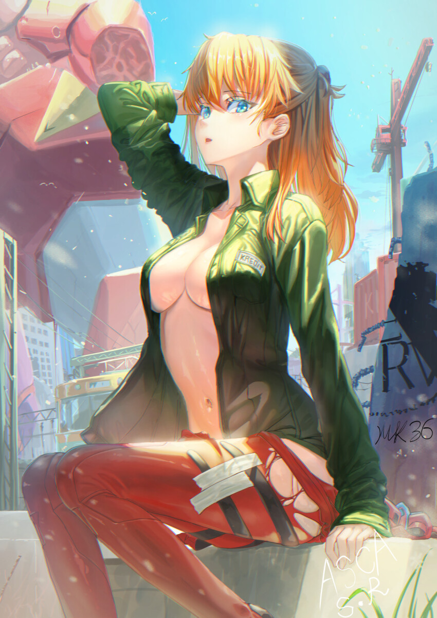 1girl arm_up artist_name blue_eyes blue_sky bodysuit breasts bus cleavage collarbone crane_(machine) day eva_02 green_jacket highres jacket long_hair looking_at_viewer mecha mecha_pilot_suit medium_breasts motor_vehicle navel neon_genesis_evangelion no_shirt open_clothes open_jacket orange_hair outdoors parted_lips plugsuit_(evangelion) power_lines rebuild_of_evangelion red_bodysuit robot scaffolding sitting sky soramiruku souryuu_asuka_langley steel_beam stomach torn_bodysuit torn_clothes