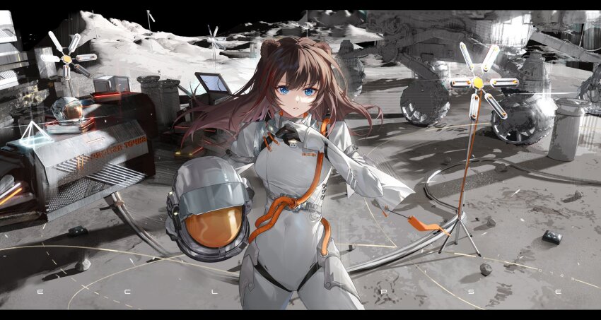 1girl animal_ears arknights bear_ears bear_girl black_gloves blue_eyes breasts brown_hair collared_bodysuit covered_navel cowboy_shot floating_hair gloves hand_on_own_chest helmet highres holding holding_helmet hongbaise_raw legs_apart long_sleeves looking_at_viewer medium_breasts motor_vehicle multicolored_hair on_moon parted_lips red_hair red_pupils skin_tight solo space_helmet spacesuit streaked_hair two-tone_gloves unworn_headwear unworn_helmet white_gloves zima_(arknights)