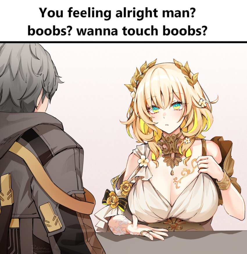 1boy 1girl aglaea_(honkai:_star_rail) bare_shoulders black_jacket blonde_hair boobs?_wanna_touch_boobs?_(meme) breast_tattoo breasts caelus_(honkai:_star_rail) closed_mouth colored_inner_hair commentary dress english_commentary english_text foxyreine green_eyes grey_hair head_wreath highres honkai:_star_rail honkai_(series) jacket large_breasts looking_at_another meme multicolored_hair short_hair signature tattoo trailblazer_(honkai:_star_rail) white_dress