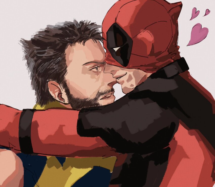 2boys arms_around_neck beard brown_hair burn_scar commentary_request couple deadpool deadpool_&amp;_wolverine deadpool_(series) eye_contact facial_hair green_eyes heart imminent_kiss looking_at_another male_focus marvel mask_up multiple_boys neginegi_56 no_pupils parted_lips profile scar scar_on_face sideburns simple_background superhero_costume upper_body white_background white_eyes wolverine_(x-men) x-men yaoi