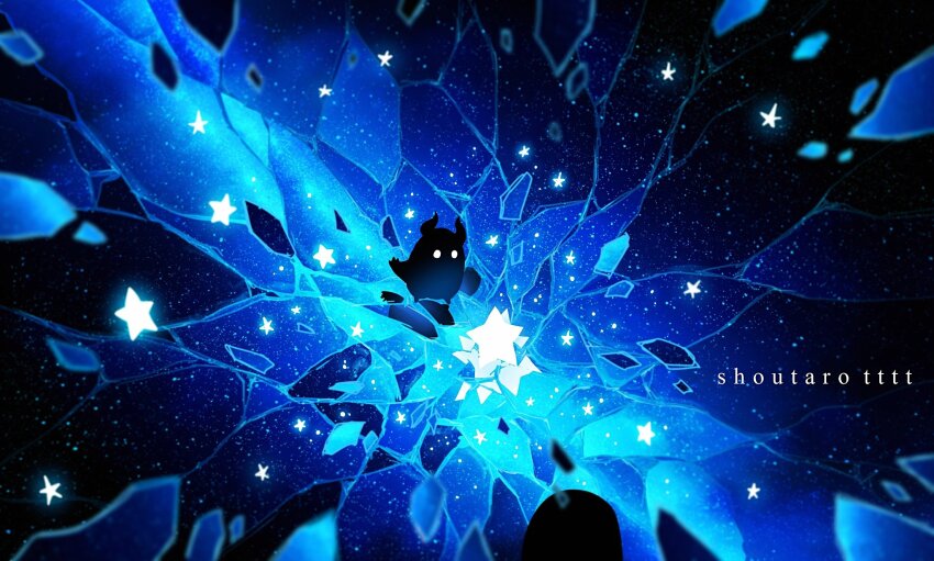 artist_name blue_theme breaking english_text glowing highres hoshikui no_humans original shoutarou_(shoutarotttt) sky solo space star_(sky) star_(symbol) starry_sky