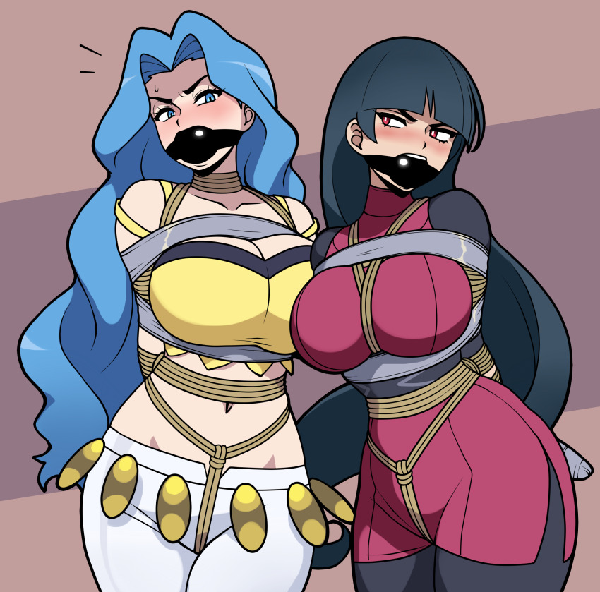 2girls arms_behind_back ball_gag bdsm belly bondage bound bound_arms bound_legs collarbone crotch_rope female_focus gag gagged highres improvised_gag jam-orbital karen_(pokemon) midriff multiple_girls navel nintendo peril pokemon pokemon_(creature) pokemon_frlg pokemon_hgss restrained sabrina_(pokemon) tape tape_bondage taped_arms taped_fingers taped_hands