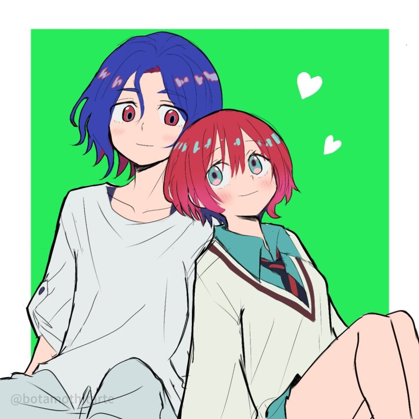 1boy 1girl amate_yuzuriha aqua_eyes artist_name blue_hair blush border botamothitarte collared_shirt colored_inner_hair commentary green_background gundam gundam_gquuuuuux heart highres leaning_on_person long_sleeves multicolored_hair necktie purple_hair red_eyes red_hair school_uniform shirt short_hair shuji_ito simple_background sitting skirt smile sweater twitter_username two-tone_hair watermark white_border white_shirt