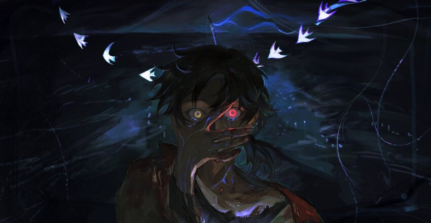 absurdres arknights blood blue_blood hand_on_own_face heterochromia highres ocean portrait red_eyes solo thorns_(arknights) yellow_eyes yomotobi