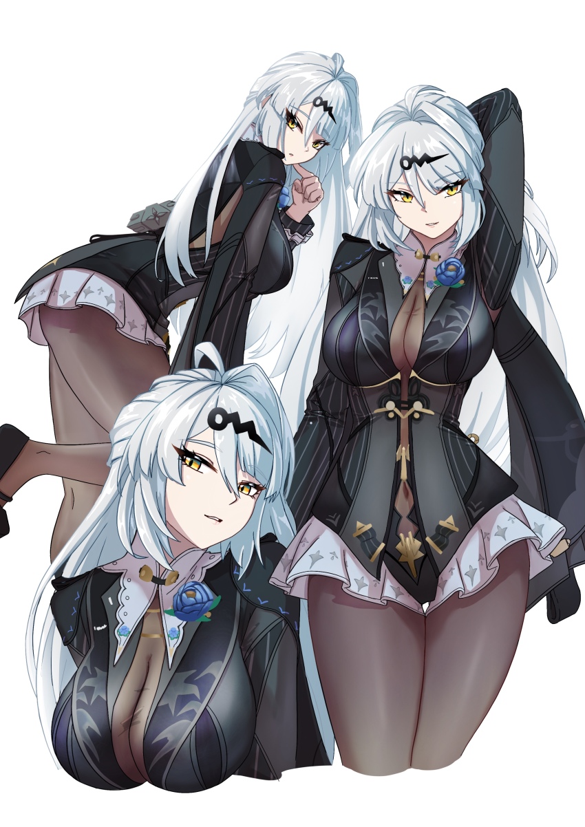absurdres black_pantyhose black_unitard blue_flower blue_rose bodystocking breasts flower flower_on_chest highres large_breasts official_alternate_costume pantyhose rose see-through_cleavage see-through_clothes tage_(tage1gg8) thighs yixuan_(trails_of_ink)_(zenless_zone_zero) yixuan_(zenless_zone_zero) zenless_zone_zero