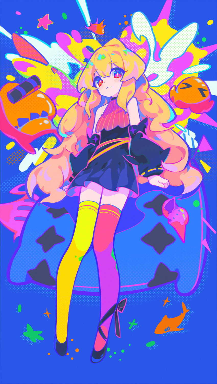 1girl asymmetrical_legwear bilibili_3461583319600097 blonde_hair blush bow breasts chinese_commentary choker colorful_background commentary_request detached_sleeves dress facing_viewer fish full_body hair_between_eyes heterochromia highres indie_virtual_youtuber kaofish long_bangs looking_at_viewer octopus pillow pleated_dress red_eyes red_thighhighs ribbon shoes standing star_(symbol) star_print thighhighs wavy_hair yellow_eyes yellow_thighhighs