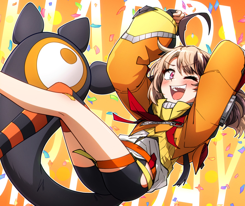 1girl ;d ahoge arms_up bandaid bandaid_on_knee bandaid_on_leg bike_shorts black_gloves black_shorts blush brown_hair confetti ddolbang fingerless_gloves gigi_murin gigi_murin_(1st_costume) gloves happy_birthday highres hip_vent hololive hololive_english korean_commentary long_sleeves looking_at_viewer multicolored_hair one_eye_closed open_mouth orange_shrug outline pink_eyes sharp_teeth shirt short_hair shorts smile solo tail teeth two-tone_hair two_side_up upper_teeth_only virtual_youtuber white_outline white_shirt zipper