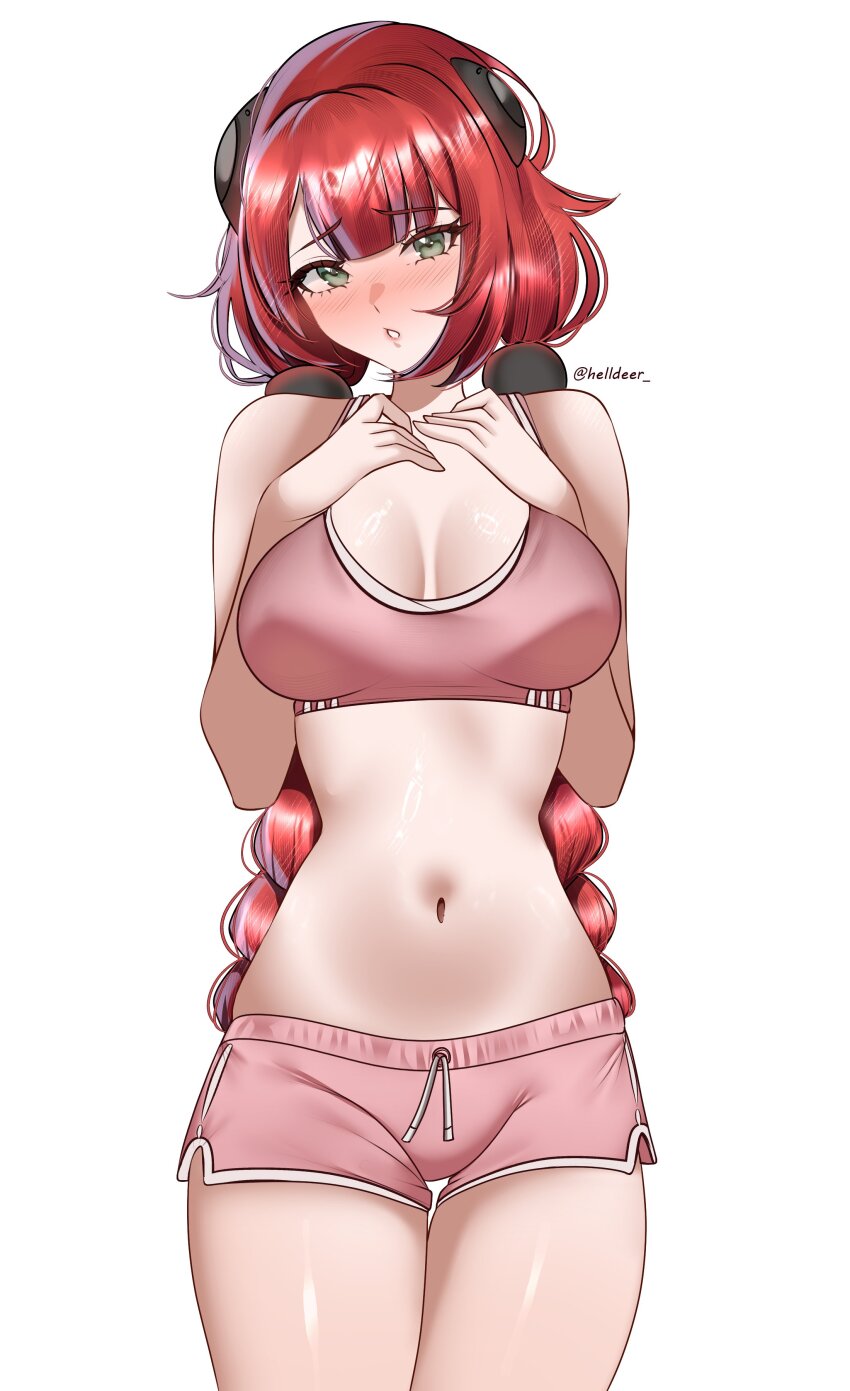 1girl absurdres blush breasts cleavage commentary cowboy_shot dolphin_shorts green_eyes hair_ornament helldeer highres large_breasts long_braid long_hair looking_at_viewer navel parted_lips pink_shorts pink_sports_bra red_hair shorts simple_background solo sports_bra stomach thighs twitter_username ukinami_yuzuha very_long_hair white_background zenless_zone_zero