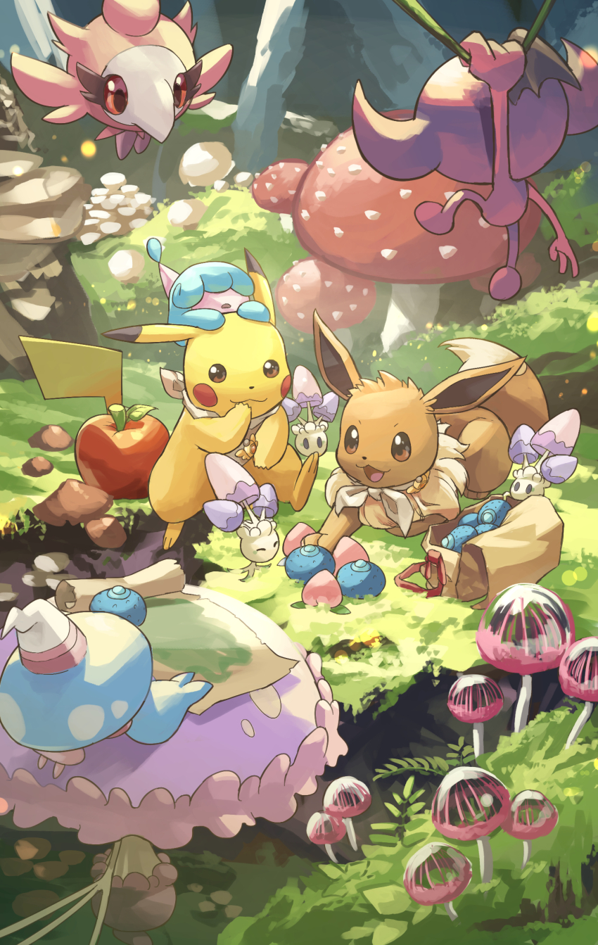 apple bag berry_(pokemon) bow bowtie commentary_request eevee food fruit gen_1_pokemon gen_6_pokemon gen_7_pokemon gen_8_pokemon grass hanging hatenna hattrem highres impidimp map morelull mushroom nintendo no_humans open_mouth outdoors pikachu pokemon spritzee white_bow white_bowtie yamaori_(hakkentai_pokedan)