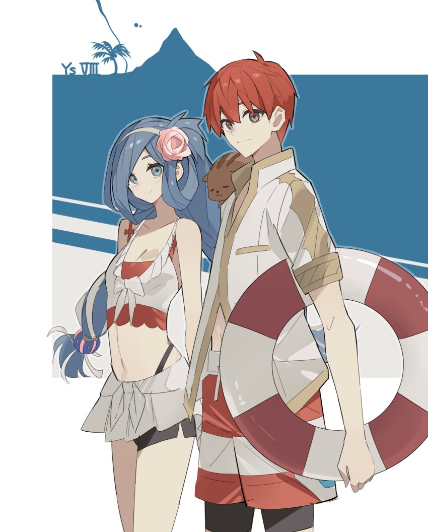 1boy 1girl adol_christin blue_eyes blue_hair border breasts cleavage closed_mouth commentary_request copyright_name dana_iclucia flower george_man grey_eyes hair_flower hair_ornament hair_rings highres innertube long_hair looking_at_viewer navel outside_border pikkard_(ys) pink_flower red_hair short_hair shorts standing striped_clothes striped_shorts swim_ring swimsuit white_border ys ys_viii:_lacrimosa_of_dana