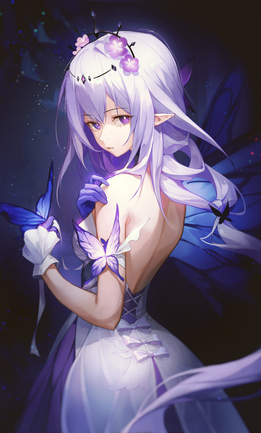 1girl absurdres alohayuja back backless_dress backless_outfit black_tiara breasts bug butterfly butterfly_on_hand butterfly_ornament castorice_(honkai:_star_rail) commentary dress flower gloves hair_flower hair_ornament highres honkai:_star_rail honkai_(series) insect long_hair medium_breasts pointy_ears purple_hair solo tiara white_dress white_gloves