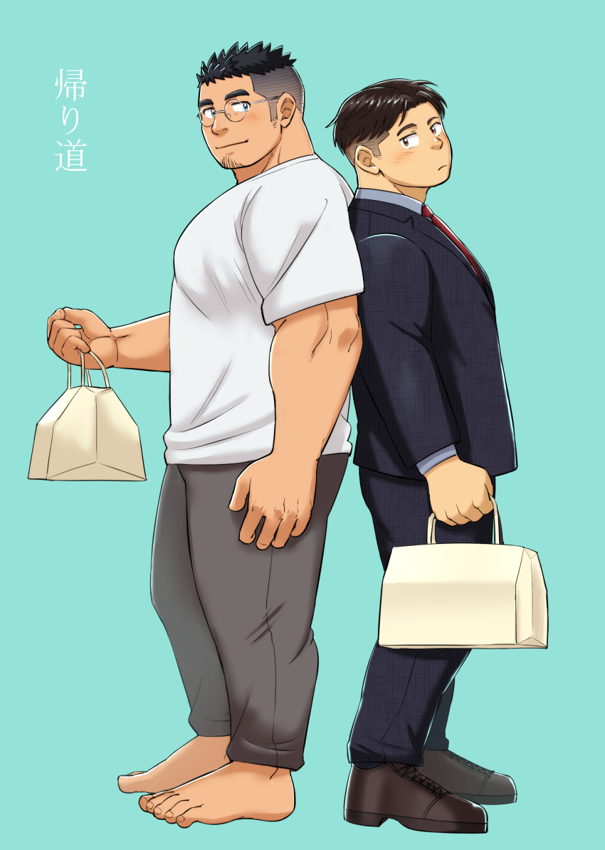 2boys absurdres back-to-back bara barefoot blue_eyes cover cover_page ei_(marutendon) facial_hair formal_clothes from_side glasses goatee_stubble highres large_pectorals looking_at_viewer male_focus multiple_boys muscular muscular_male original paid_reward_available pectorals salaryman shirt short_hair sideburns_stubble standing stubble suit t-shirt thick_eyebrows undercut yaoi