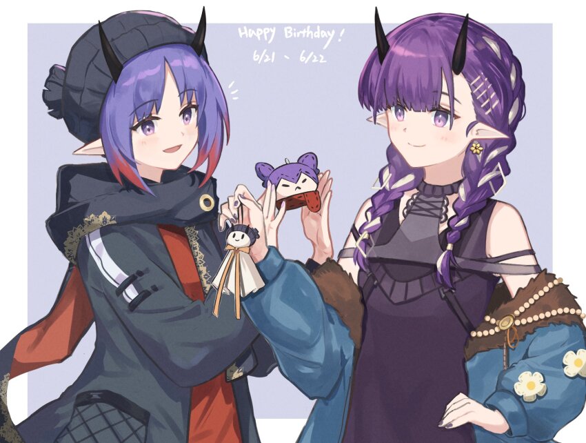 2girls :d arknights bare_shoulders beanie black_dress black_headwear black_jacket black_nails blue_hair blue_jacket blush braid closed_mouth commentary_request dated dress fur-trimmed_jacket fur_trim grey_background hair_over_shoulder happy_birthday hat hibiscus_(arknights) hibiscus_the_purifier_(arknights) highres holding hood hood_down hooded_jacket horns jacket lava_(arknights) lava_the_purgatory_(arknights) long_hair long_sleeves low_twintails mabing multicolored_hair multiple_girls nail_polish open_mouth pointy_ears puffy_long_sleeves puffy_sleeves purple_eyes purple_hair red_hair red_shirt shirt siblings sisters sleeveless sleeveless_dress smile streaked_hair twin_braids twintails two-tone_background upper_body white_background