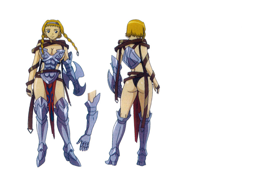 1girl absurdres armor ass blonde_hair blue_eyes braid breastplate breasts buckle reference_sheet cleavage curvy female_focus full_body hairband highres hisayuki_hirokazu large_breasts leina_(queen&#039;s_blade) multiple_views official_art queen&#039;s_blade revealing_clothes scan shield shiny_skin smile standing sword thong twin_braids weapon wide_hips