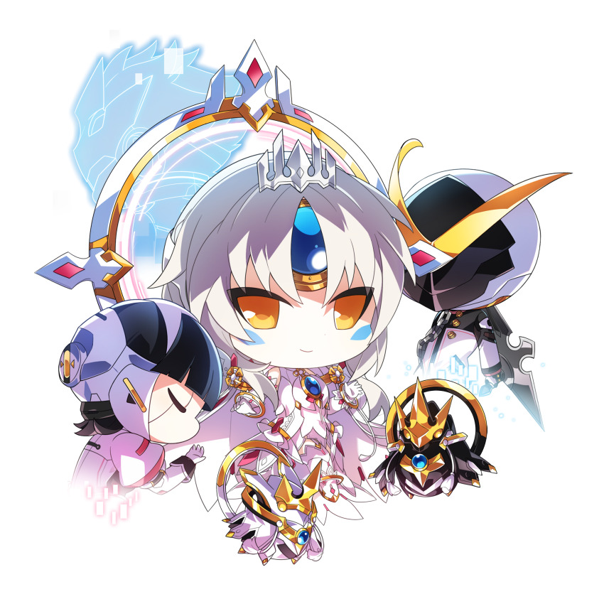 1boy 2girls black_hair boots chibi closed_eyes closed_mouth code:esencia_(elsword) commentary_request crown dress elsword energy eve_(elsword) facial_mark flat_chest gem gem_on_head gloves gold_trim halo highres light_smile looking_at_viewer machine mechanical_halo moby_(elsword) mulook multiple_girls orange_eyes remy_(elsword) robot short_hair white_dress