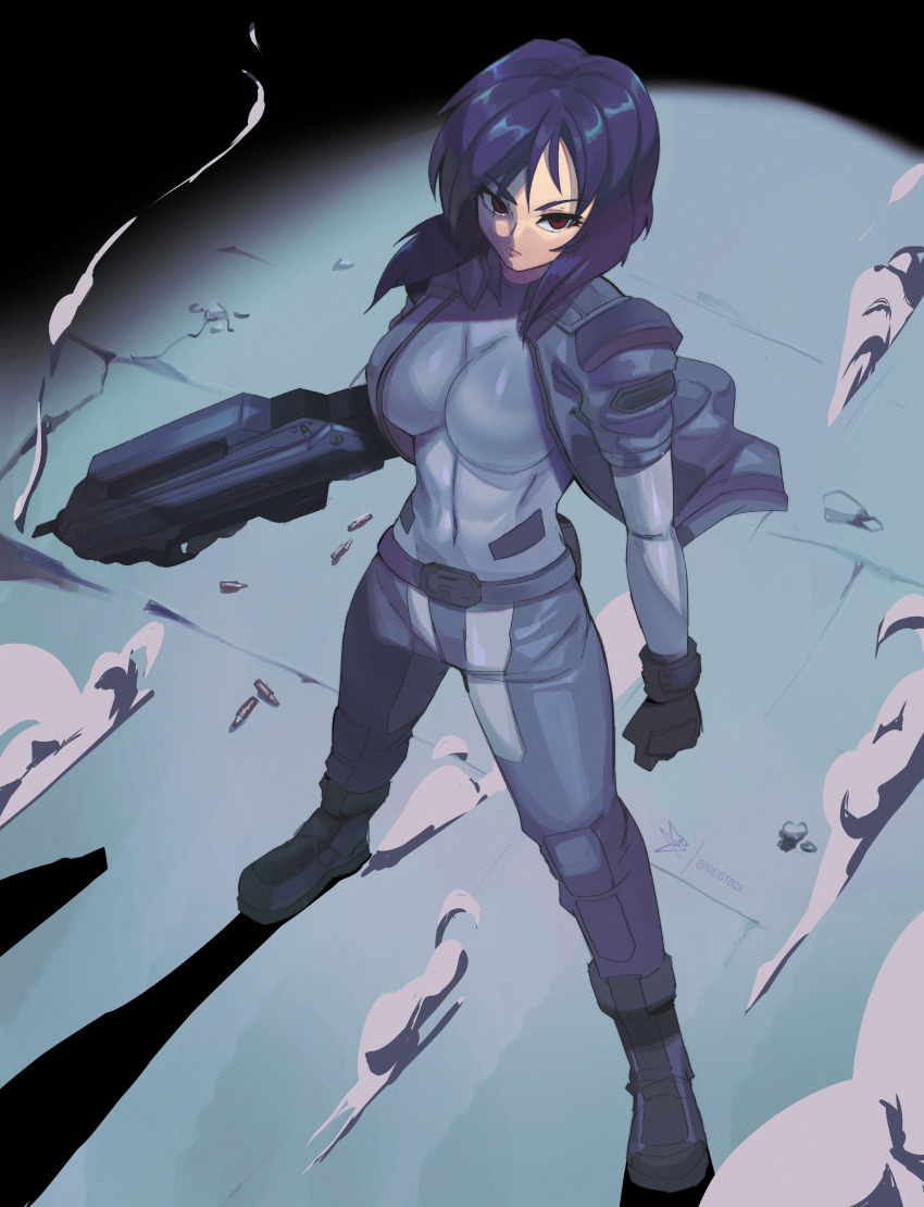 1girl absurdres bodysuit breasts bullpup from_above full_body geistbox ghost_in_the_shell grey_bodysuit grey_jacket gun highres holding holding_gun holding_weapon jacket kusanagi_motoko legs_apart looking_at_viewer medium_breasts medium_hair shell_casing smoke smoke_trail solo weapon