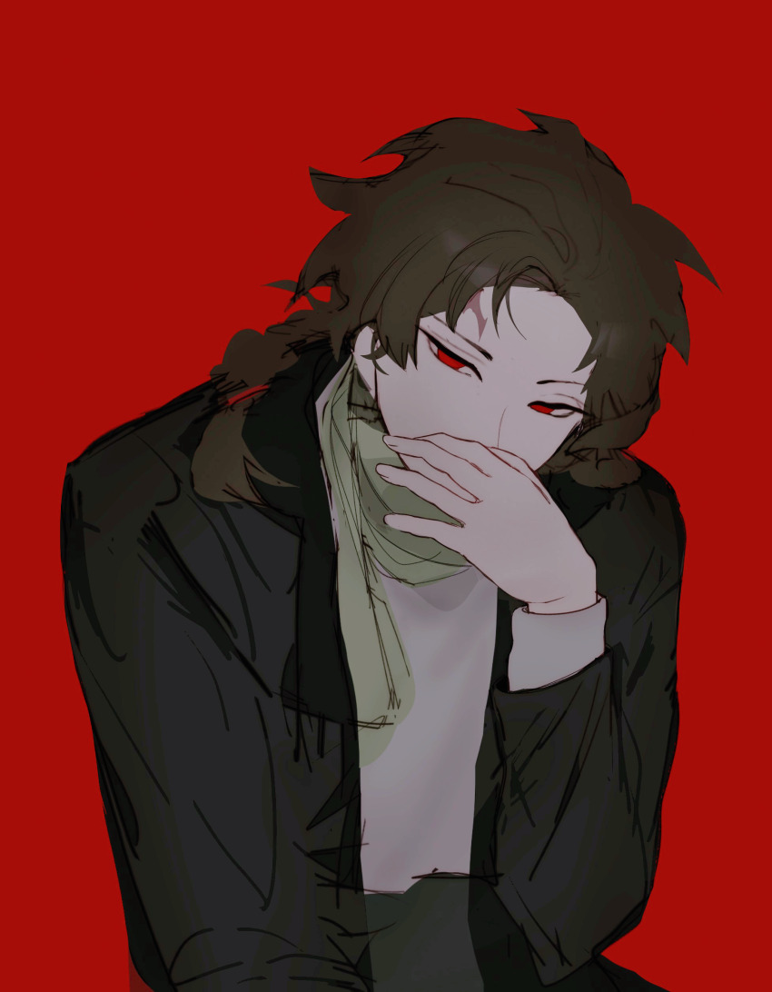 1boy absurdres black_jacket brown_hair commentary covering_own_mouth green_scarf hand_over_own_mouth harada_minoru heibaihuabing highres jacket long_hair long_sleeves male_focus open_clothes open_jacket red_background red_eyes saibou_shinkyoku scar scar_on_face scar_on_forehead scarf shirt simple_background solo symbol-only_commentary white_shirt