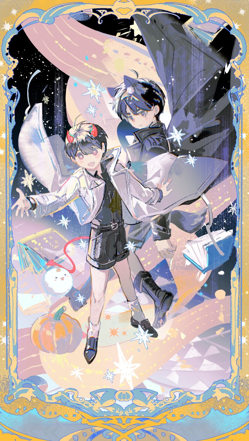 2boys :d absurdres animal_ears biyoo_(omniscient_reader&#039;s_viewpoint) black_coat black_eyes black_hair black_shirt black_shorts book border bunting chibi chibi_only coat collared_shirt demon_horns floating full_body highres horns kim_dokja lantercat looking_at_another looking_at_viewer multiple_boys omniscient_reader&#039;s_viewpoint open_clothes open_coat open_mouth ornate_border outstretched_arm popped_collar pumpkin red_eyes ribbon shirt short_hair shorts sky smile star_(sky) starry_sky white_coat wind wind_lift wolf_ears yoo_joonghyuk