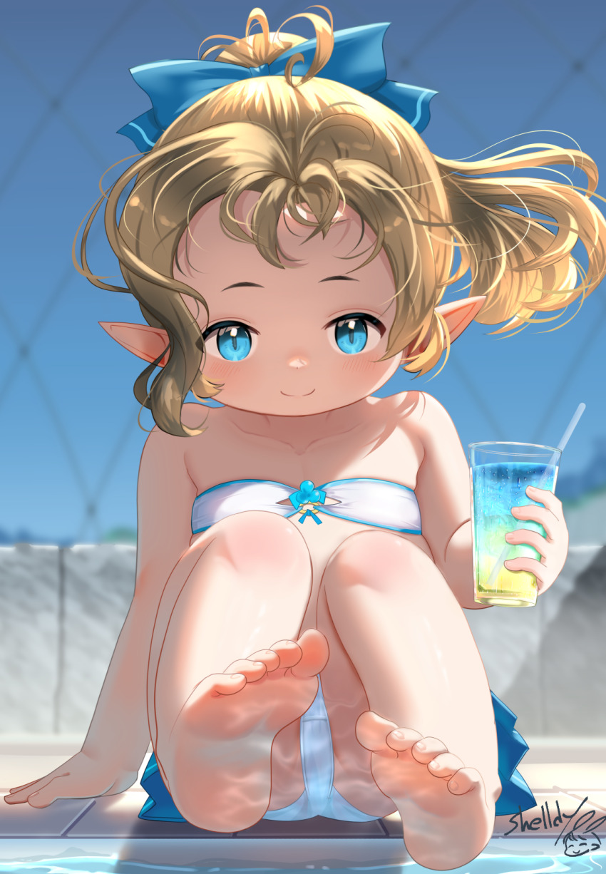 barefoot bikini blonde_hair blue_eyes closed_mouth commentary_request cup drinking_glass final_fantasy final_fantasy_xiv flat_chest floating_hair highres holding holding_cup knees_up krile_baldesion_(ff14) lalafell looking_at_viewer pointy_ears ponytail revision shelldy swimsuit toes white_bikini