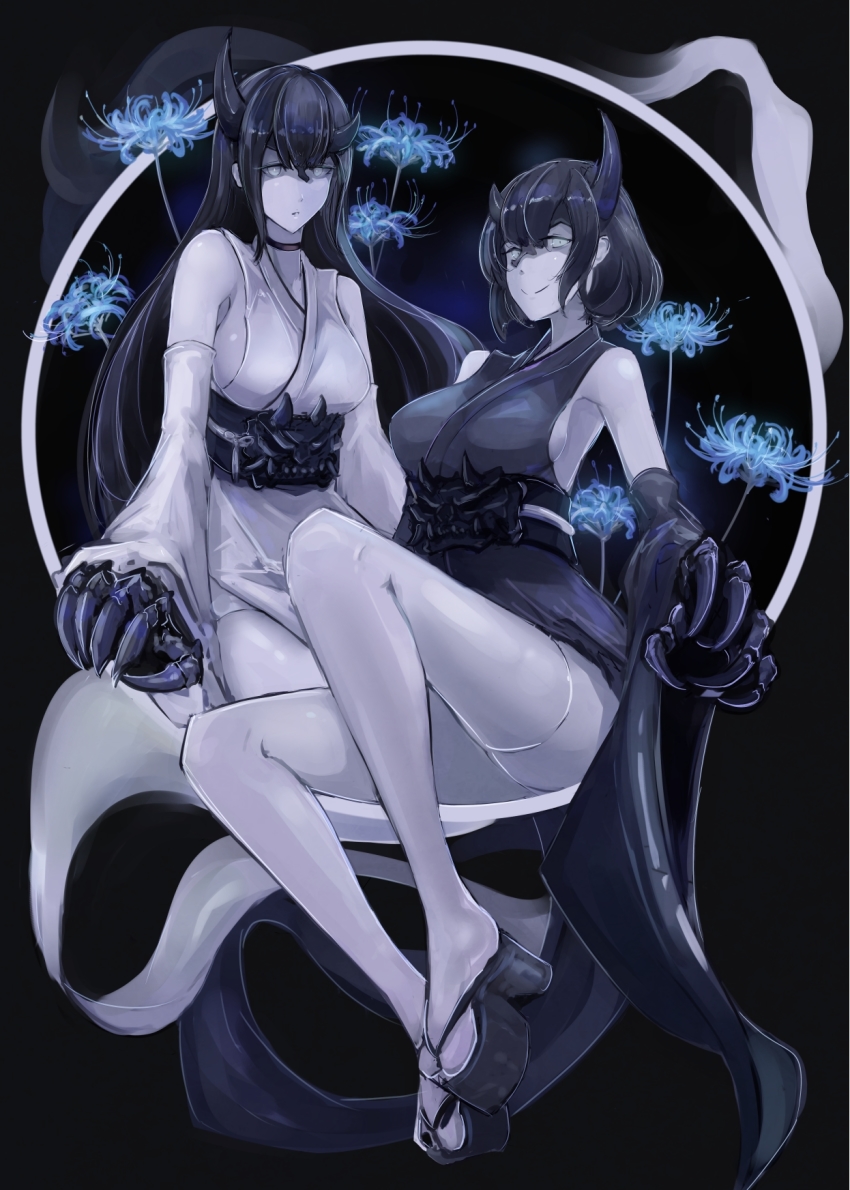 2girls abyssal_ship alternate_costume black_hair blue_flower blue_spider_lily breasts closed_mouth commentary_request dark_persona detached_sleeves evil_smile flower full_body fusou_(kancolle) grey_eyes hair_ornament highres horns kantai_collection large_breasts long_hair mizuchi_(mizuchi7118) multiple_girls night_strait_princess_(black) night_strait_princess_(white) oni shoes short_hair smile spider_lily wide_sleeves yamashiro_(kancolle)
