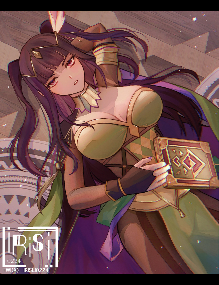 1girl absurdres arm_behind_head artist_name book breasts cleavage fingerless_gloves fire_emblem gloves highres large_breasts long_hair lying nintendo parted_lips pink_lips red_eyes seductive_gaze solo teeth tharja_(fire_emblem) twintails