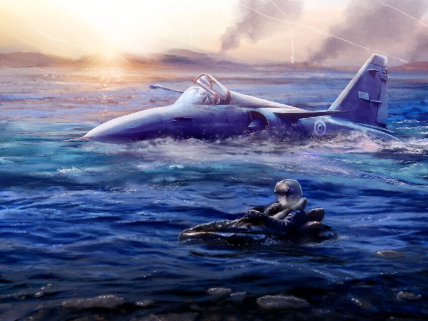 absurdres afloat aircraft airplane highres jet military_vehicle ocean original pilot pilot_suit sunset water yihan1949