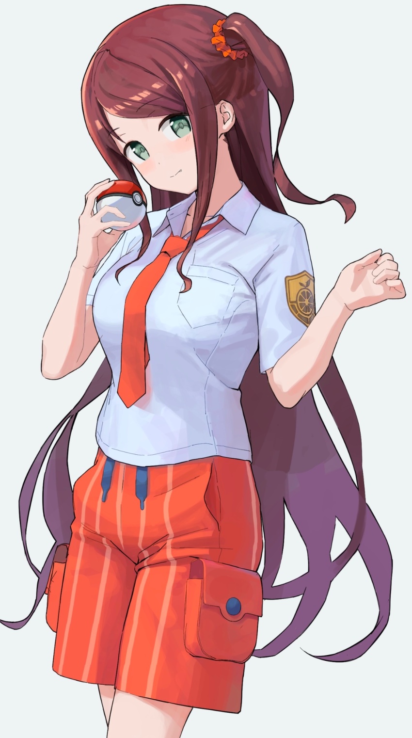 1girl akabane_youko brown_hair closed_mouth collared_shirt creatures_(company) fang game_freak green_eyes grey_background hair_ornament hair_scrunchie hashtag-only_commentary highres holding holding_poke_ball long_hair looking_at_viewer naranja_academy_school_uniform necktie nijisanji nintendo one_side_up orange_necktie orange_shorts poke_ball pokemon pokemon_sv school_uniform scrunchie shirt short_sleeves shorts simple_background solo suisei_lens very_long_hair virtual_youtuber white_shirt