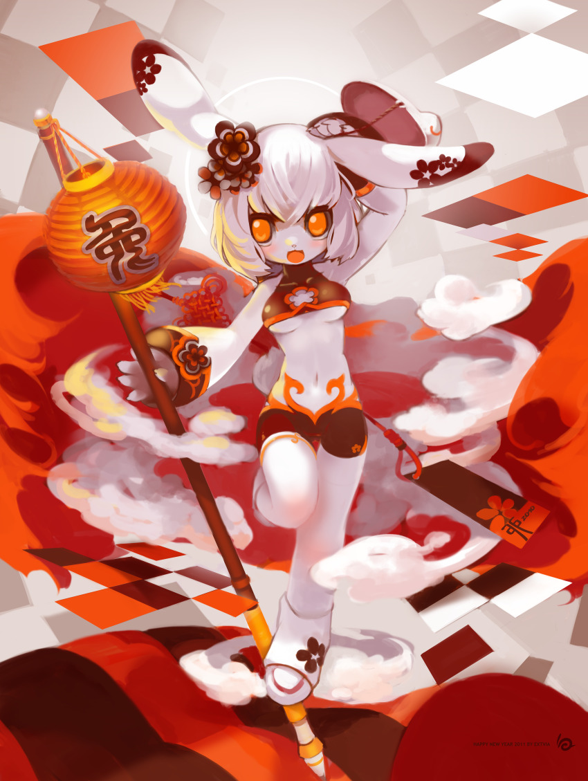 1girl 2011 absurdres animal_ears bike_shorts blush body_fur breasts chinese_zodiac claws cloud crop_top flower full_body furry furry_female hair_flower hair_ornament headgear highres krita_(medium) lantern leg_up mask navel nengajou new_year non-web_source open_mouth orange_eyes original paper_lantern rabbit_ears rabbit_girl solo tyson_tan underboob white_fur white_hair year_of_the_rabbit