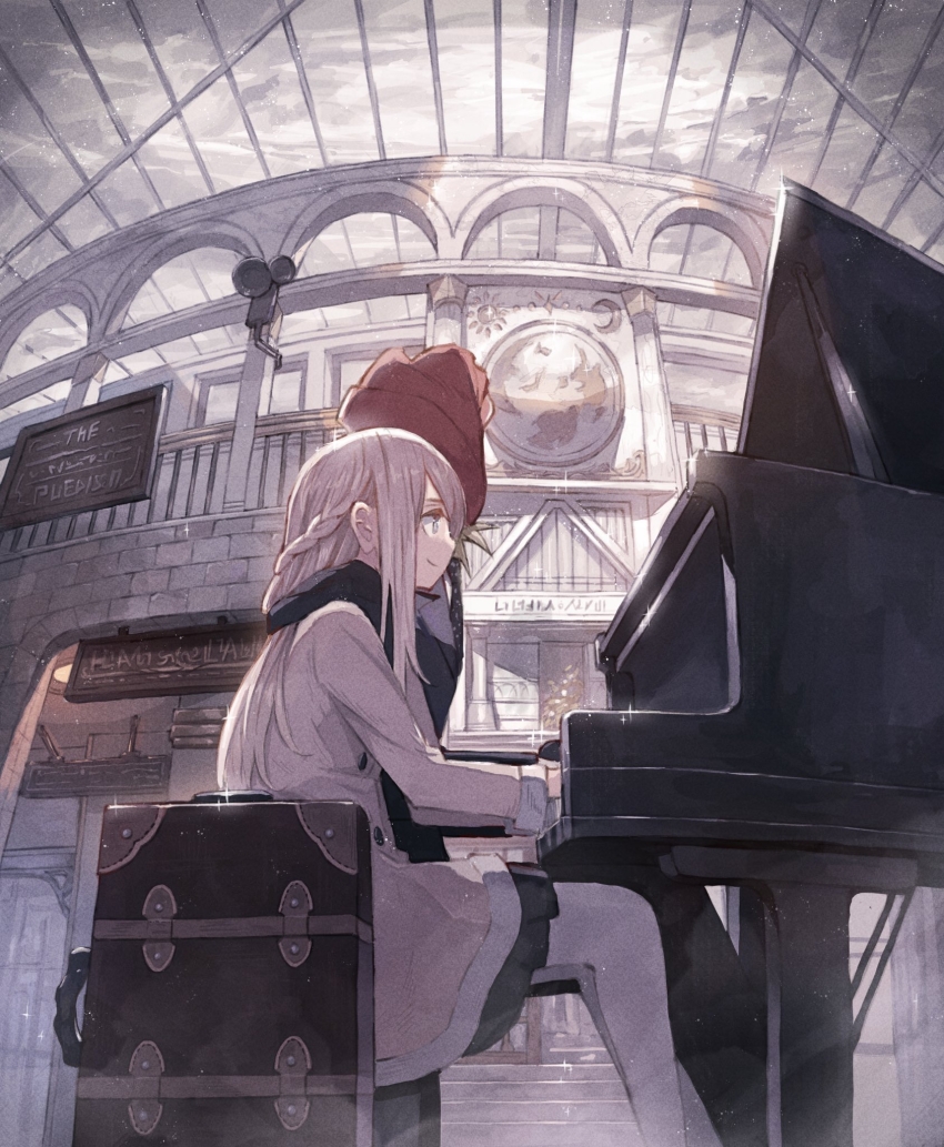 1boy 1girl black_scarf black_skirt black_suit blue_eyes braid closed_mouth coat column commentary english_commentary flower flower_head formal_clothes fur_trim grand_piano grey_sky hair_between_eyes half_up_braid highres instrument long_hair long_sidelocks looking_to_the_side music nakamura_haco original pantyhose piano pillar pink_coat pink_hair playing_instrument playing_piano pleated_skirt polka_dot_necktie profile red_flower red_rose rose scarf shirt sidelocks sign sitting skirt sky skylight slice_of_life smile stairs standing stone_wall suit suitcase white_pantyhose white_shirt